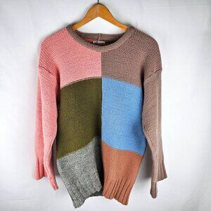 Sears Vintage Patchwork Colorblock Knit Sweater Size Medium 38 Colorful Pink Tan
